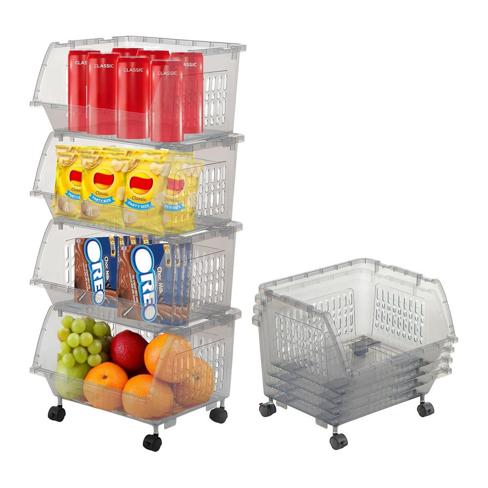 Large Stackable Storage Bins Open Front with Wheels, 4 Pack - Light Grey