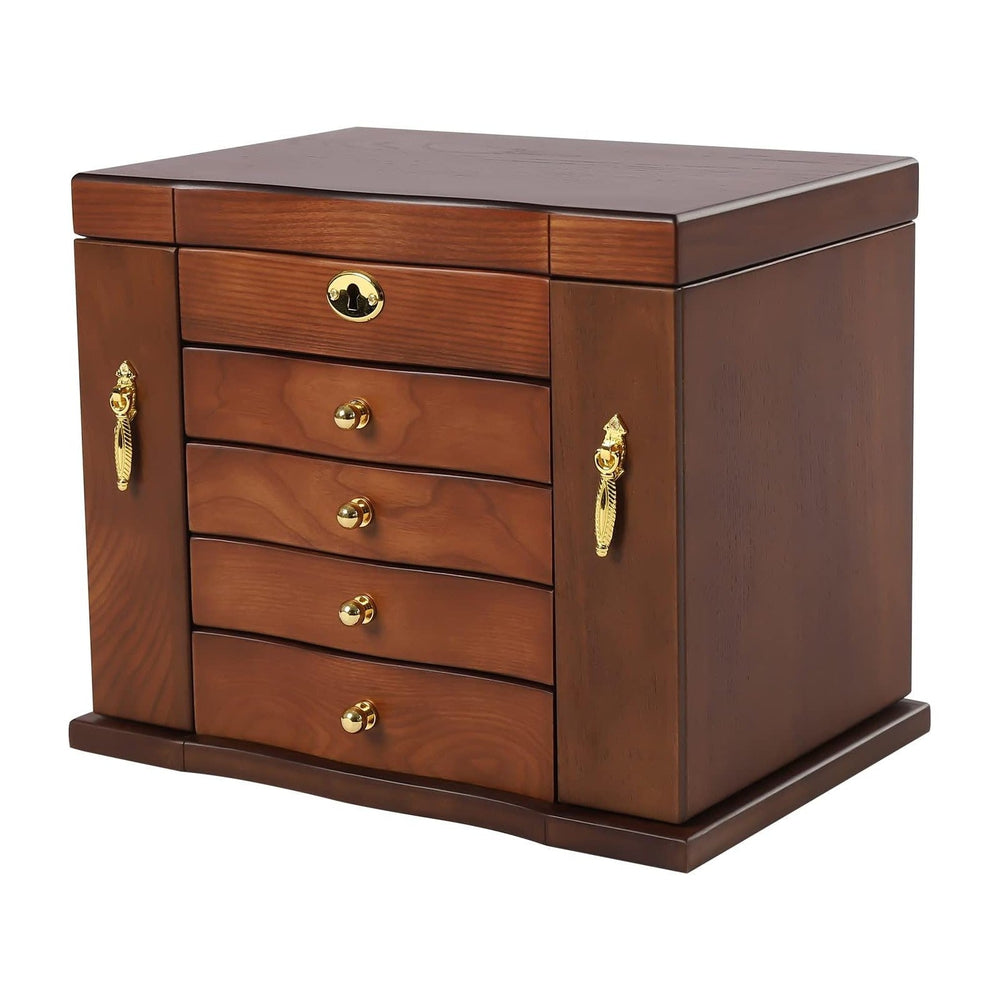 Large Wooden Jewelry Box with Mirror and Lock, 5 Layers Locking Jewelry Organ...