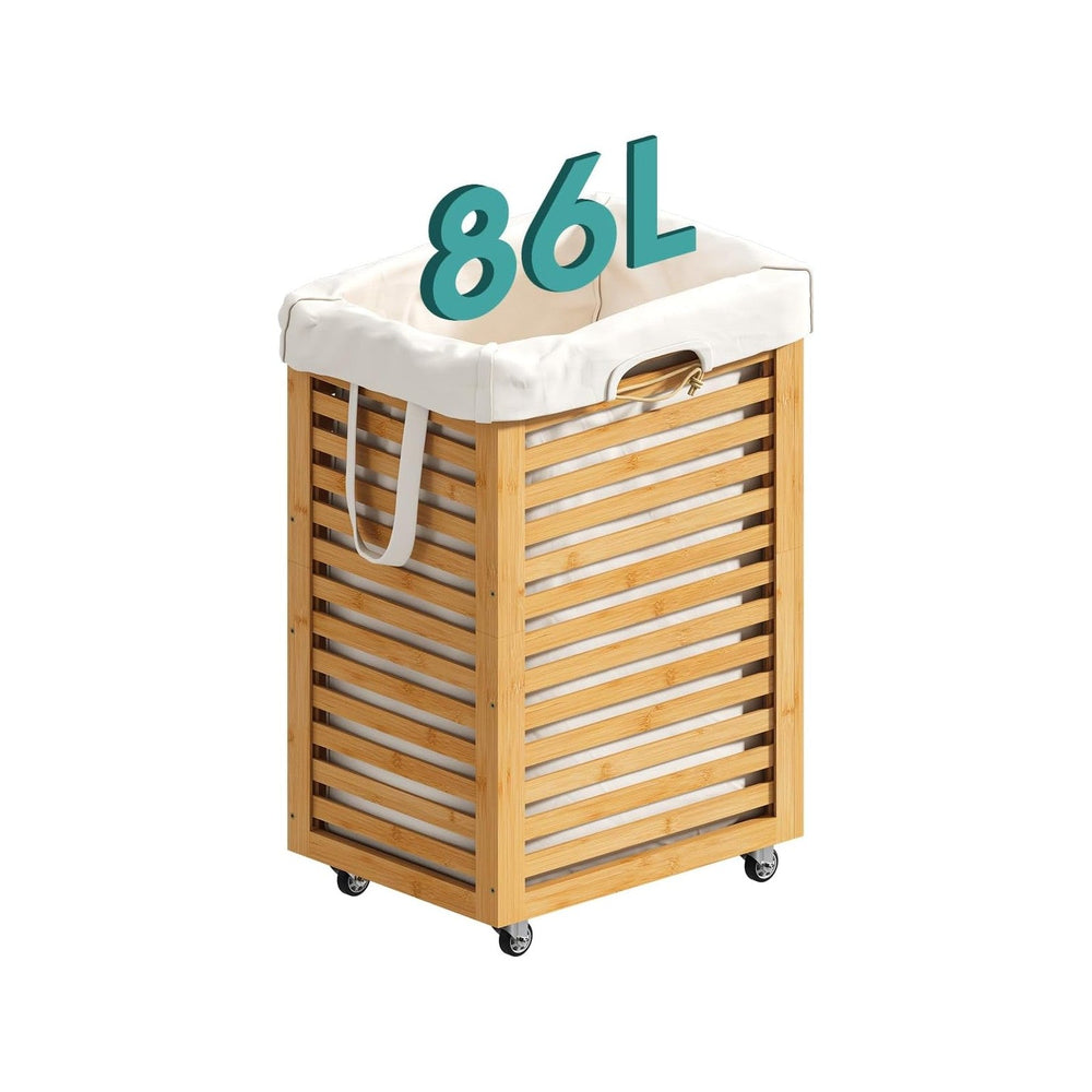 Laundry Hamper, 22.7 Gallon (86L) Bamboo Wood Clothes Laundry Basket with Whe...
