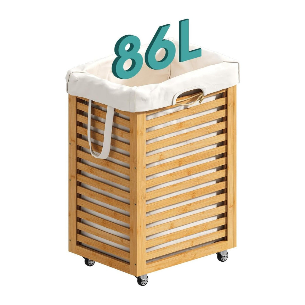 Laundry Hamper, 22.7 Gallon (86L) Bamboo Wood Clothes Laundry Basket with Whe...
