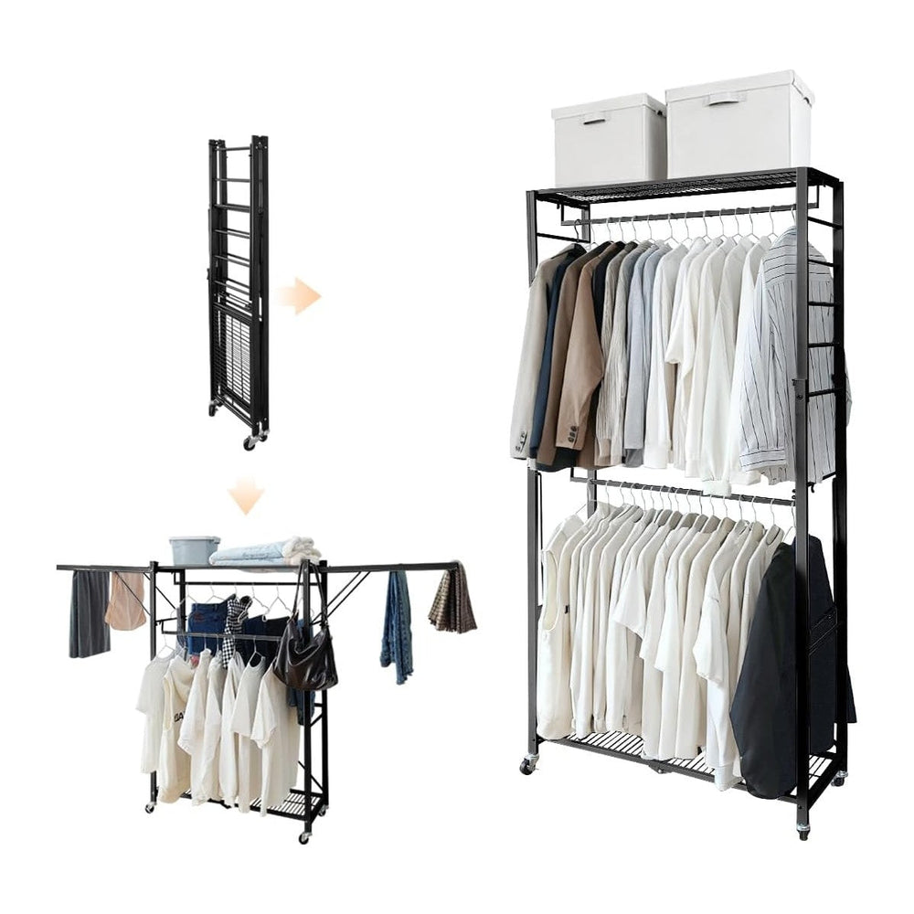 lumizone Folding Clothing Rack with Wheels Expandable Black
