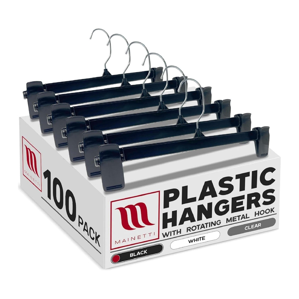Mainetti 12in Black Plastic Pants Hangers with Non-Slip Clips (100 Pack)