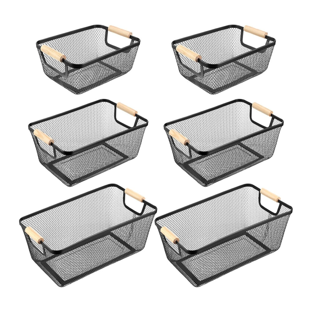 Maxcheck 6 Pack 3 Size Metal Wire Baskets with Wood Handles, Black