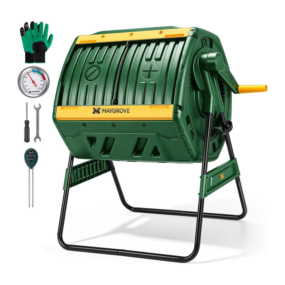 MAYGROVE Outdoor Compost Bin 53 Gallon Dual Chamber Composting Tumbler