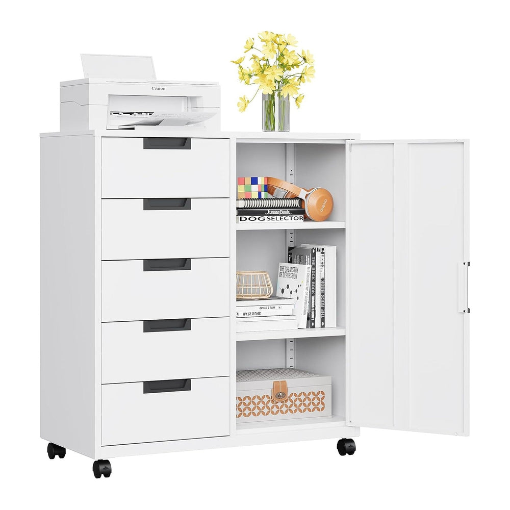 MIIIKO 5 Drawer Storage Cabinet with Door and Shelf, Mobile Lateral Cabinet o...