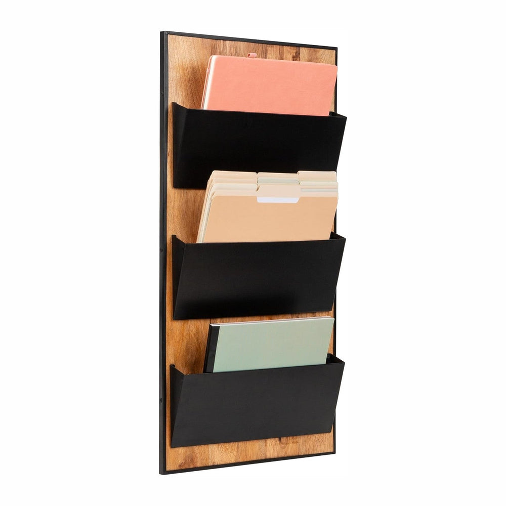 Mind Reader 3-Tier Wall-Mounted File Organizer, Wood and Metal Vertical Rack ...