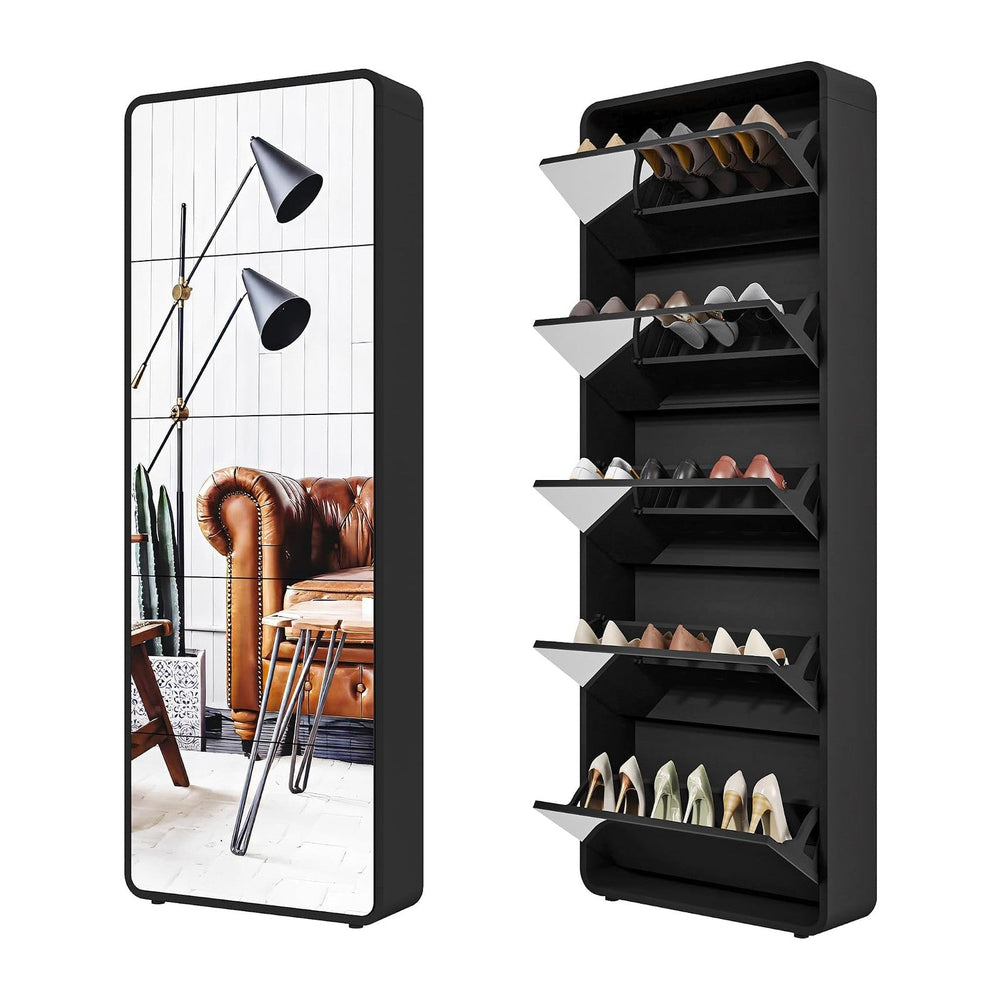 Mirror Shoe Cabinet with 5 Flip Drawers, Black Slim Shoe Storage