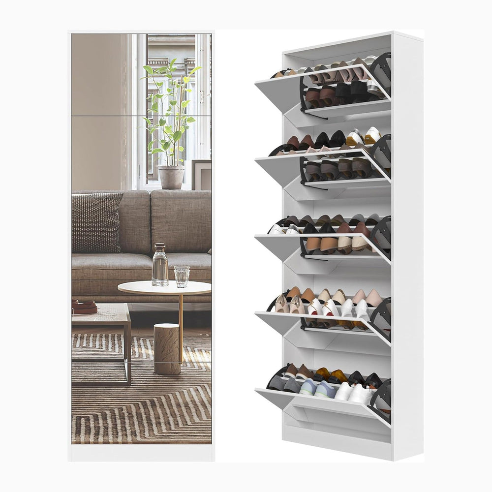 Mirrored Shoe Storage Cabinet with 5 Flip Drawers, 30 Pairs