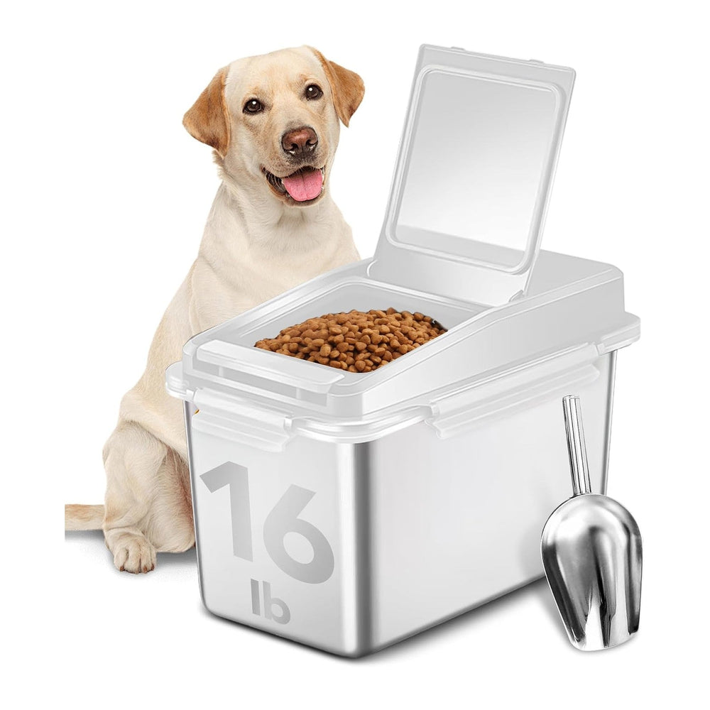 Newget 11 lb Stainless Steel Dog Food Storage Container with Scoop, White