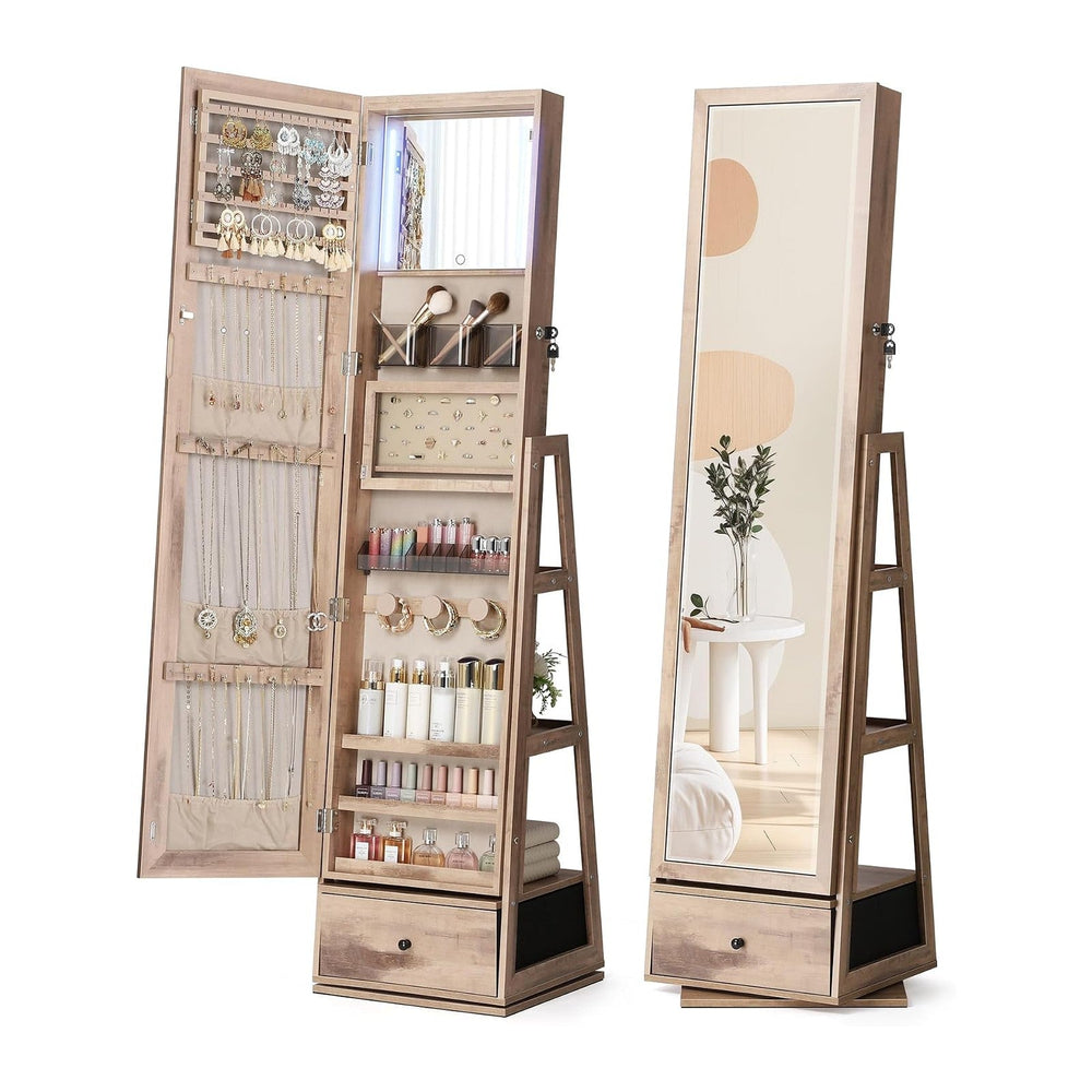 Nicetree 360° Swivel Jewelry Cabinet with Lights, Full Length Mirror, Oak
