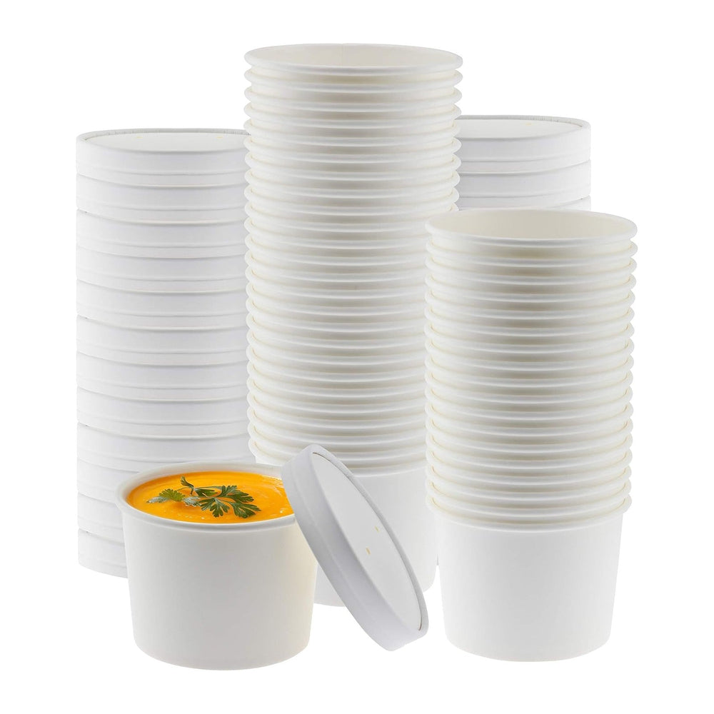 NYHI Kraft 50 Pack 16 oz White Paper Bowls Soup Storage Containers With Lids ...