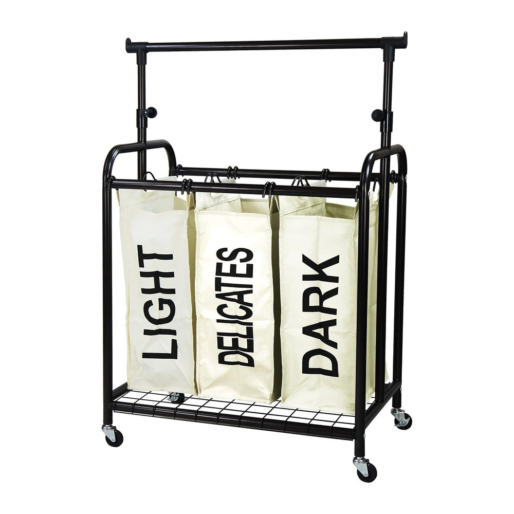 Oceanstar 3-Bag Rolling Laundry Sorter with Adjustable Hanging Bar, White