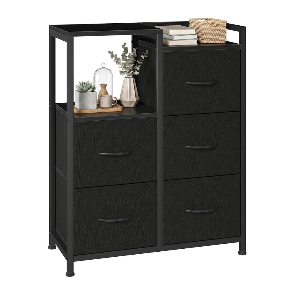 OLIXIS Fabric Dresser, 5 Drawer Storage Tower with Open Shelf, Black