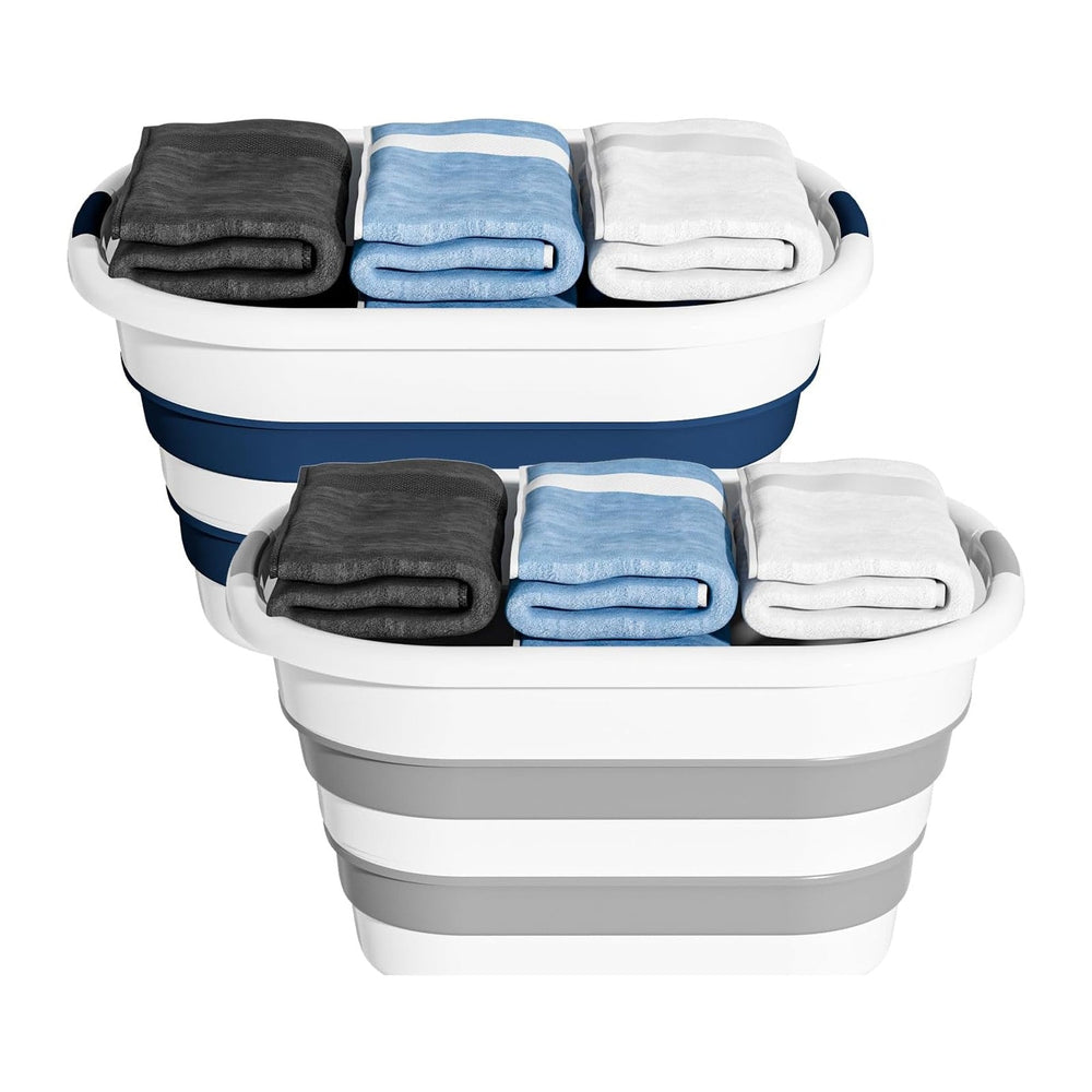 OOAMBB 43L Collapsible Laundry Baskets Plastic (Blue+Grey, 2 Packs)