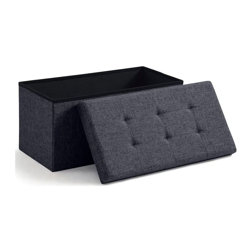 Ornavo Home 30 Inch Folding Storage Ottoman Bench, Tufted Linen, Black