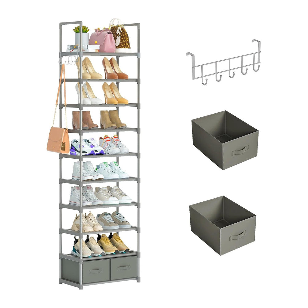 OYREL Tall Shoe Rack Narrow 10 Tier Shoes Rack 20 25 Pairs + 2 Boxes 1 Hook