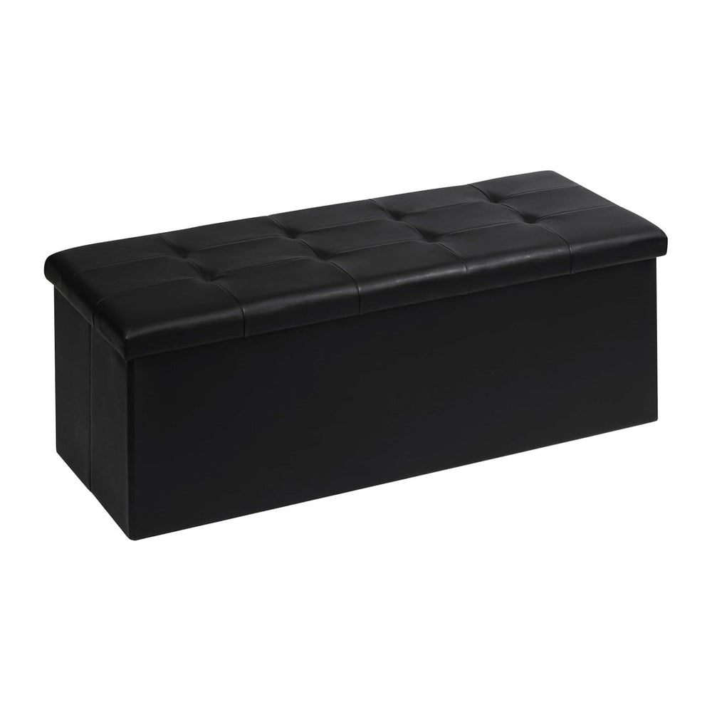 PINPLUS Folding Storage Ottoman Bench, Black Faux Leather