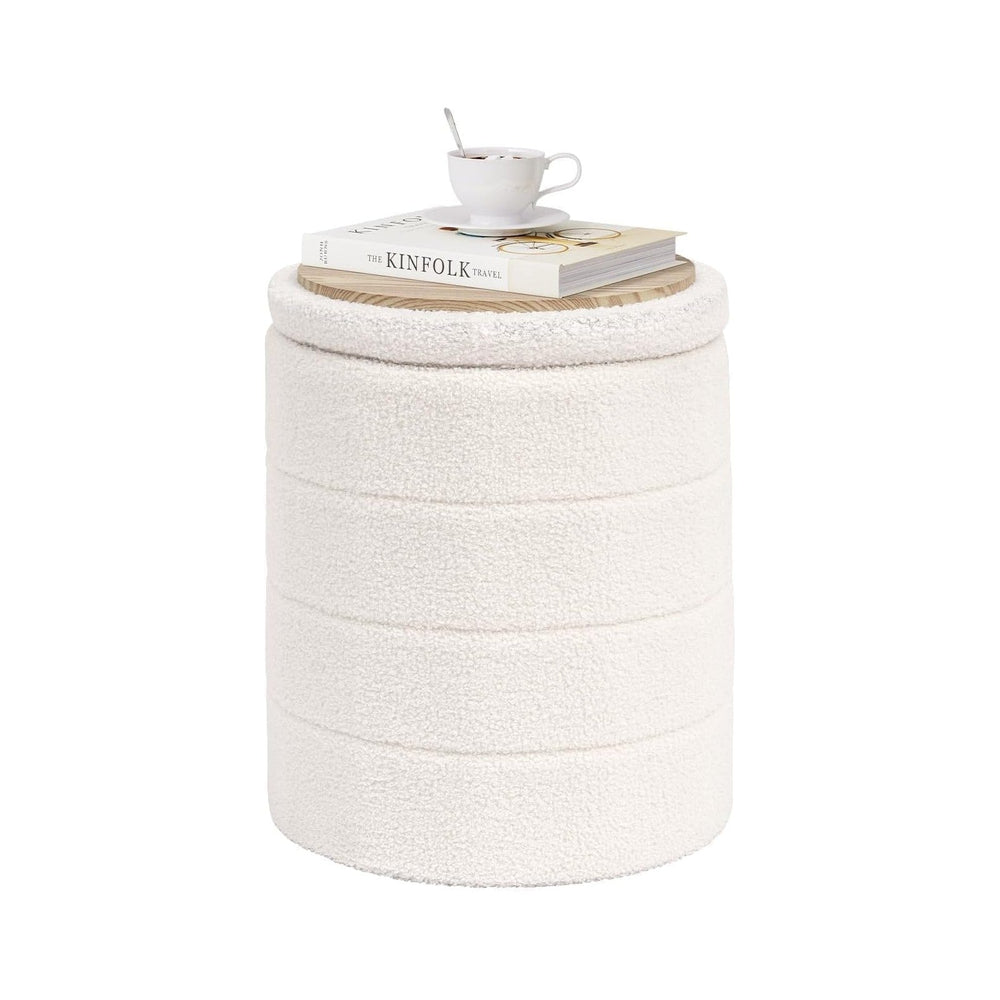 PINPLUS Round Storage Ottoman Foot Rest Stool with Tray Velvet Sherpa Folding...