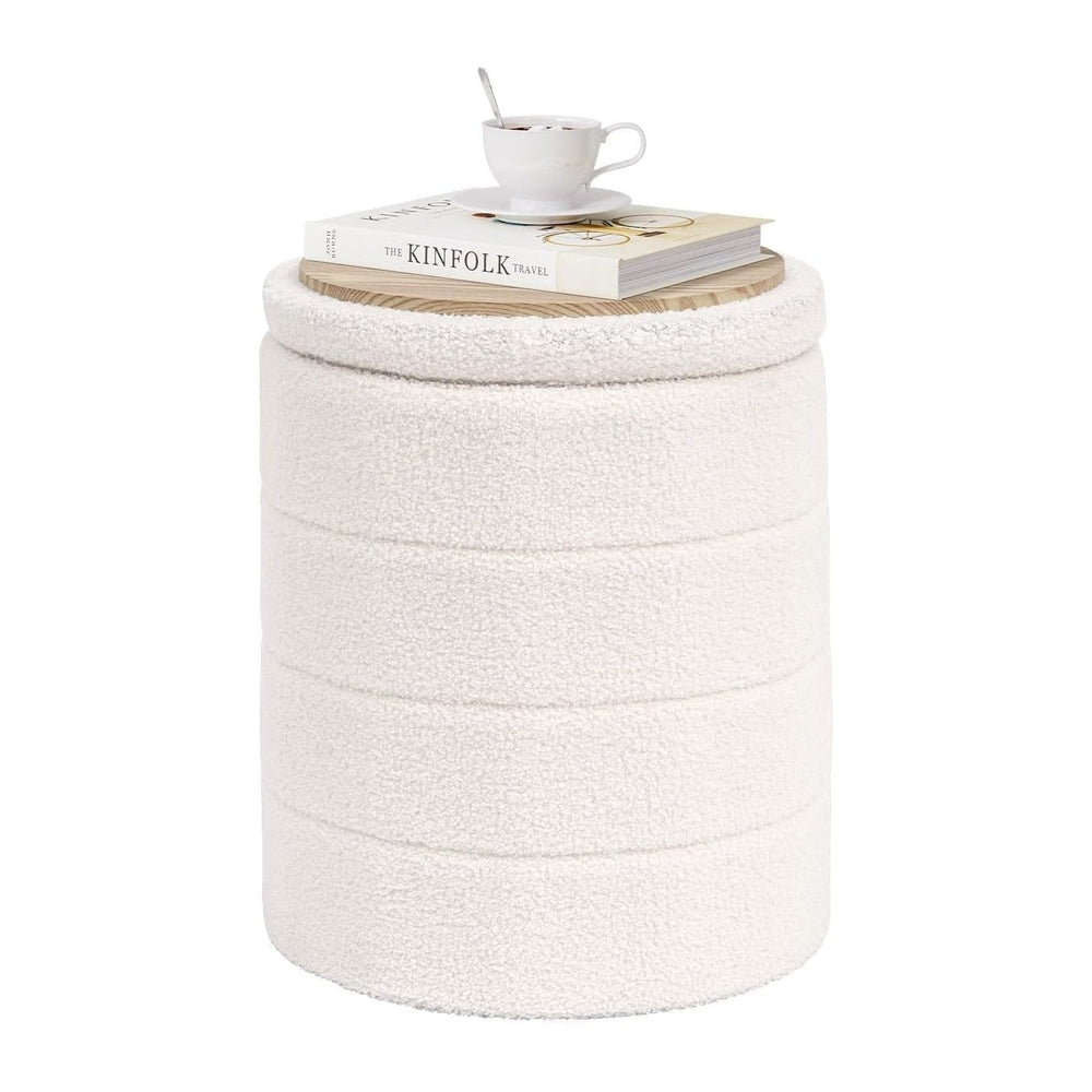 PINPLUS Round Storage Ottoman Foot Rest Stool with Tray Velvet Sherpa Folding...