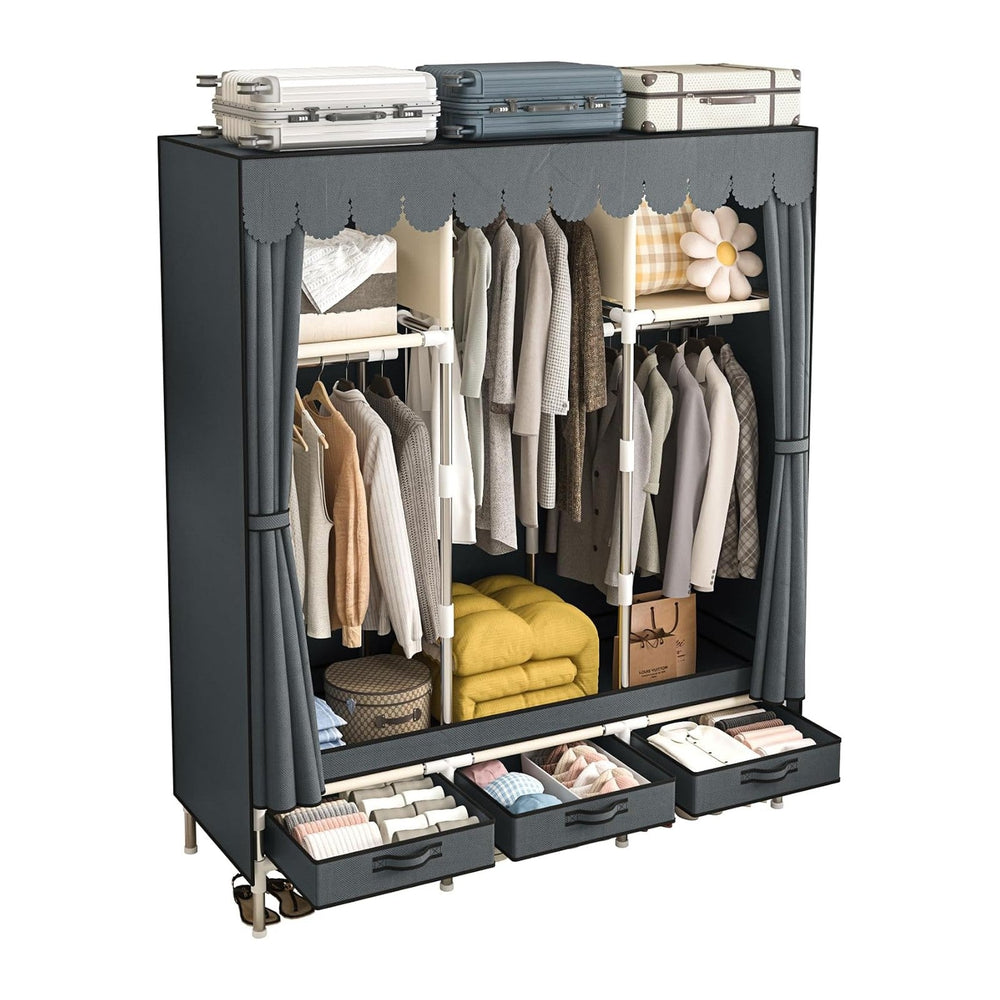 Portable Armoire Wardrobe Closet with 3 Drawers and 3 Hanging Rods,Cloth Clos...