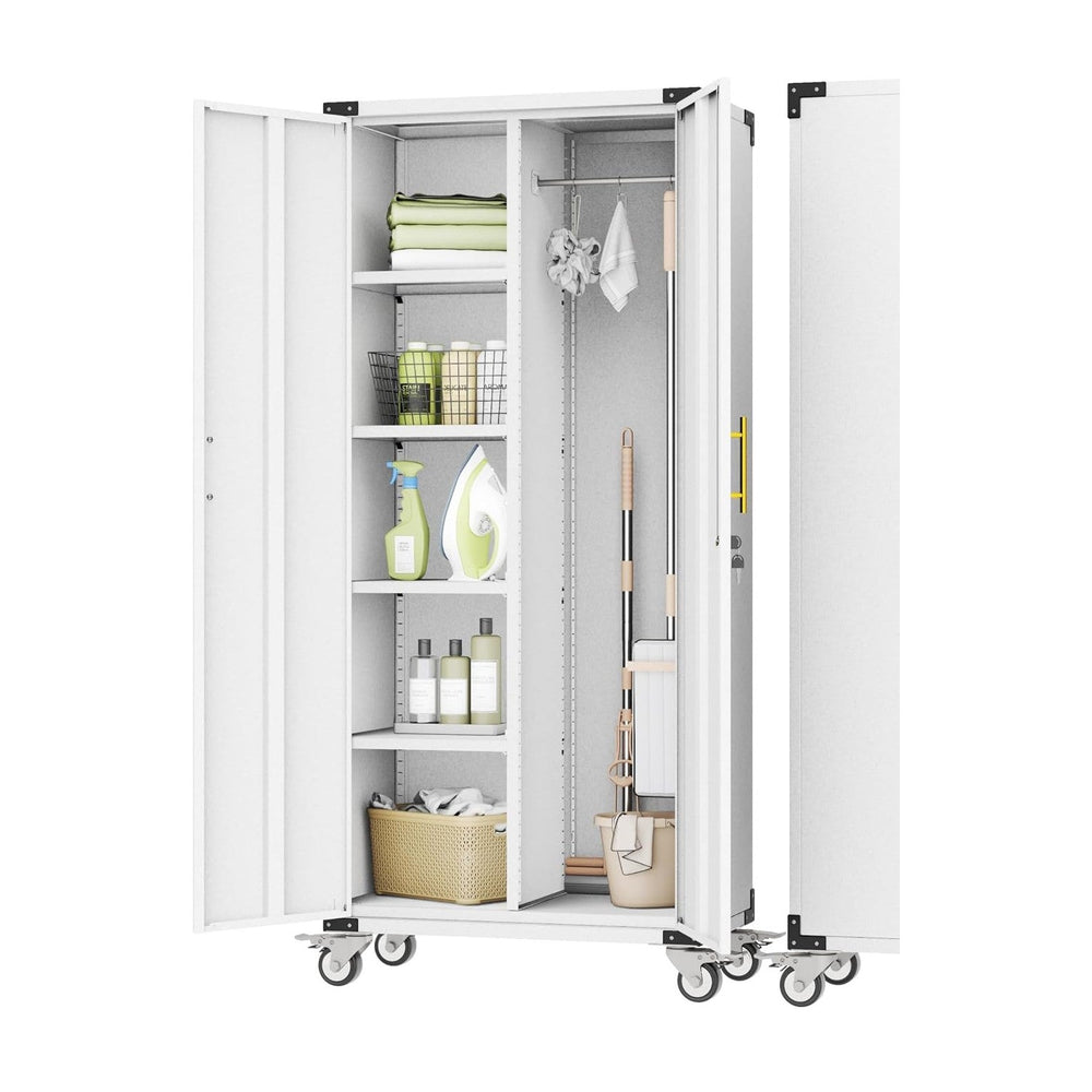 pozdeg 71" Rolling Lockable Metal Broom Closet Storage Cabinet, Grey White