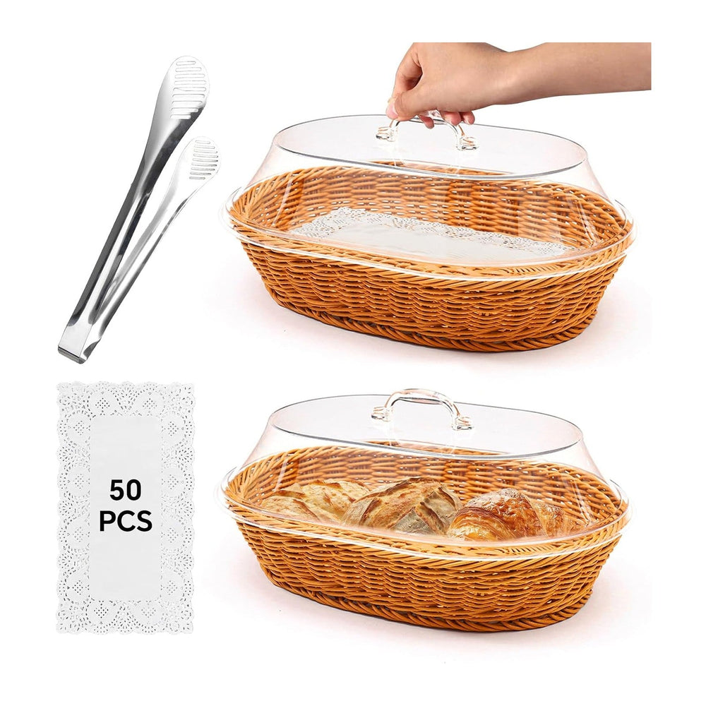 Rattan Bread Baskets, 2 Pack, Oval Woven Baskets with Acrylic Lids, 15.75 x 1...