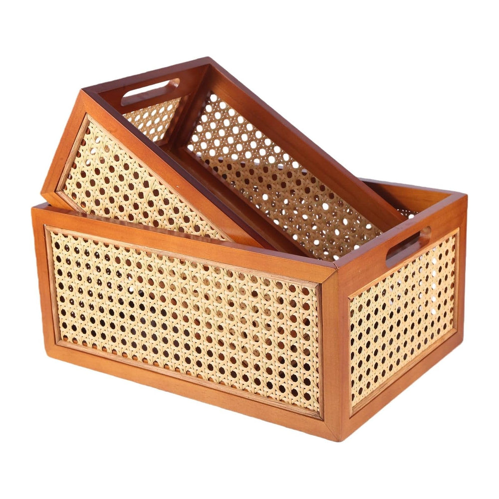 Rattan Storage Baskets Set, Wooden Frame with Woven Cane Design, Nesting Orga...