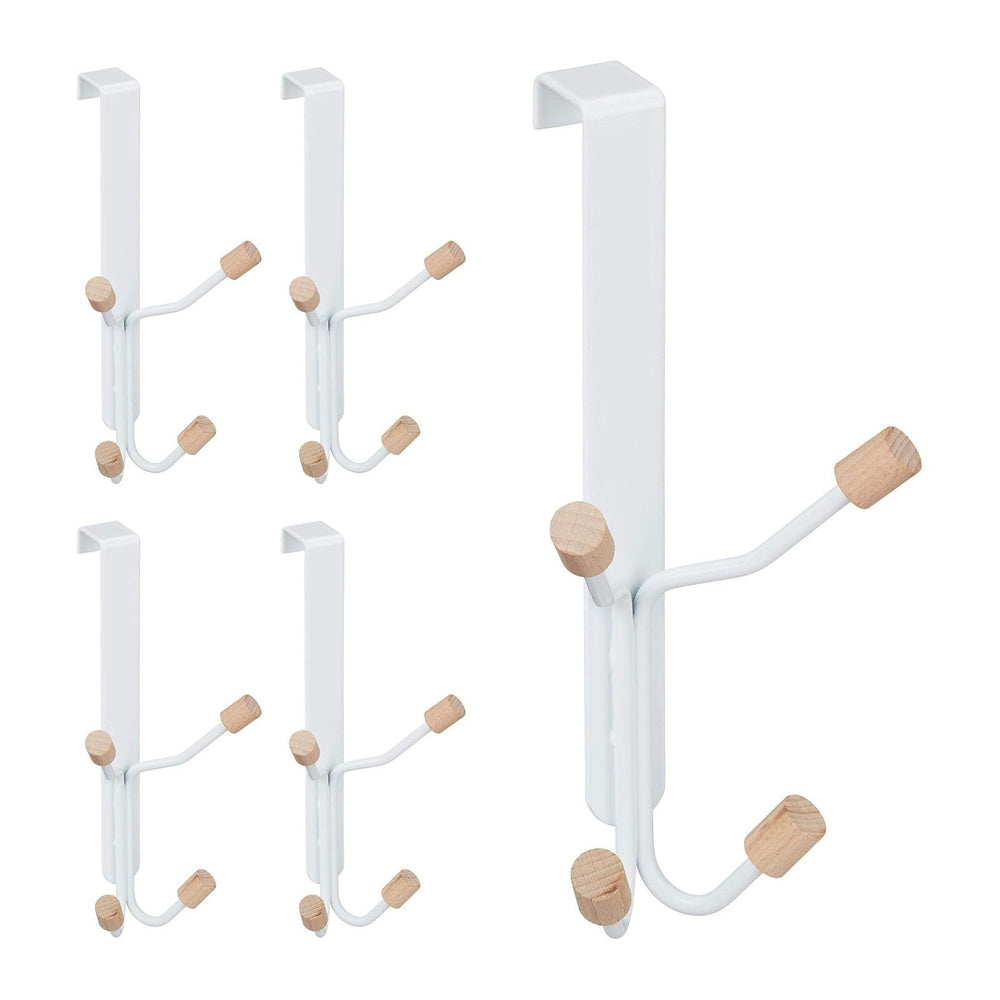 Relaxdays Set of 5 Door Fourfold Hooks, Scandinavian, Iron & Wood, Hangin...