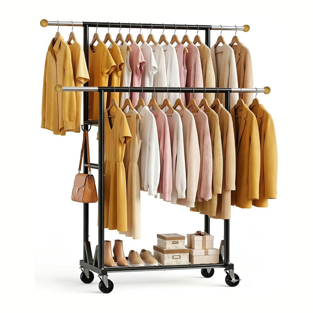 Rolling Garment Rack - Double Rod Clothes Rack with Lockable Casters, Mesh St...