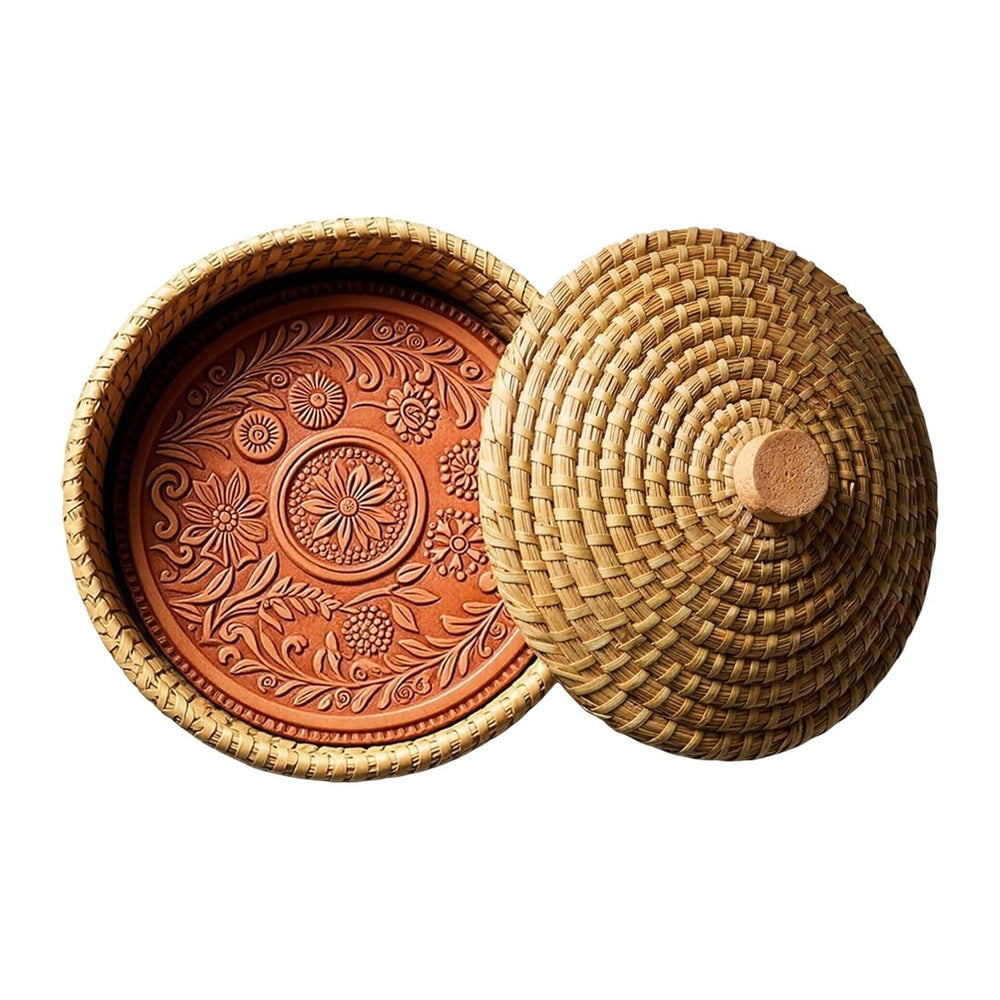 Round Bread Warming Basket with Lid and Terracotta Warmer stone for Serving T...