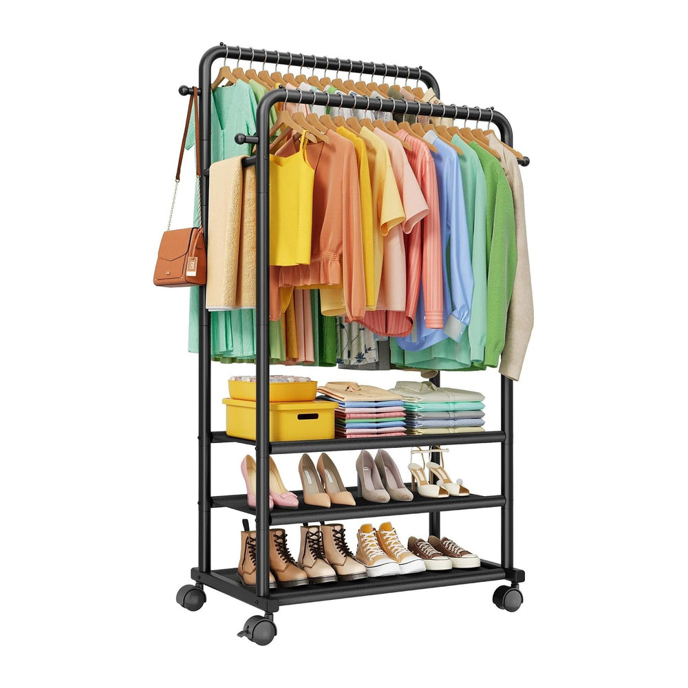 Sakugi Double Rod Clothes Rack with 3-Tier Shelves, 28.7"W x 17"D x...