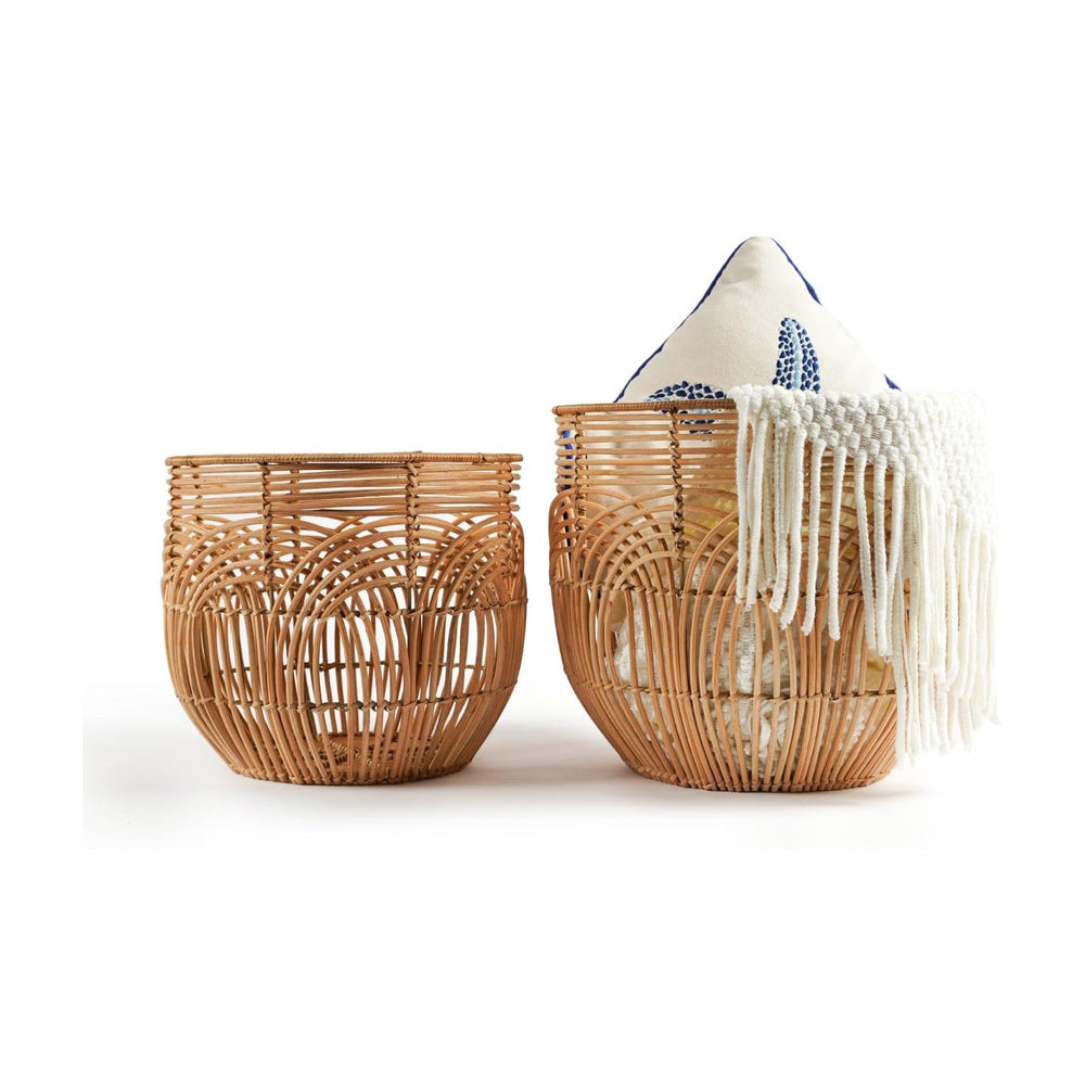 Set Of 2 Large Woven Blanket Baskets | Round Wicker Rattan Storage Floor Bask...