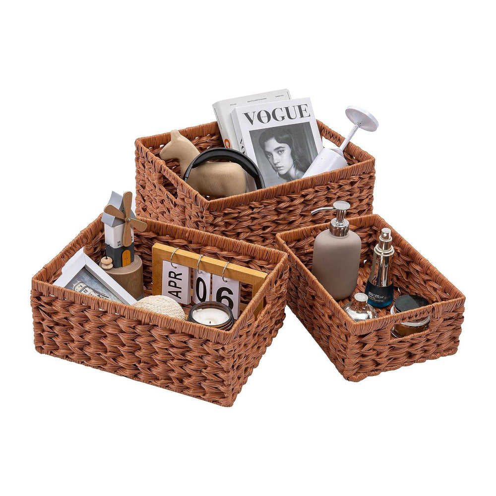 Set of 3 Wicker Storage Baskets, Decorative Baskets With Built-in Handles, Mu...
