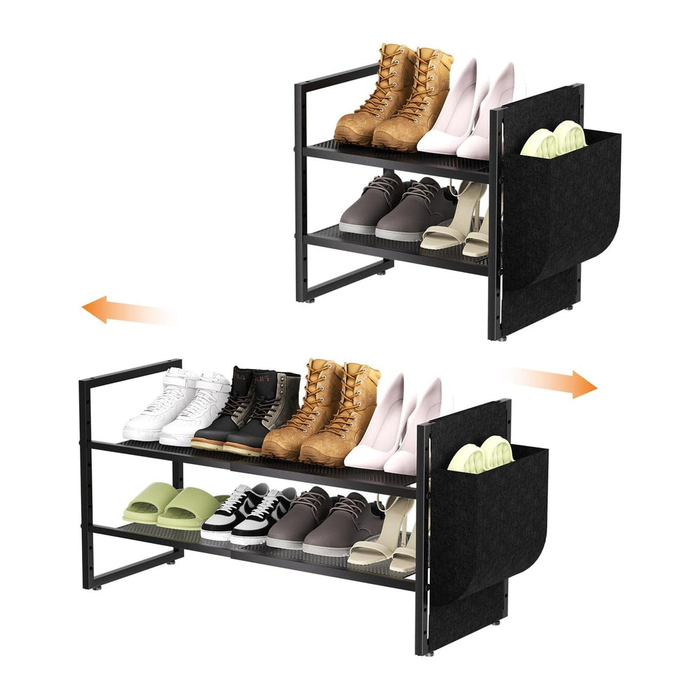 Shoe Rack with Side Pocket, Expandable 2-Tier Mesh Shoe Organizer for Closet,...