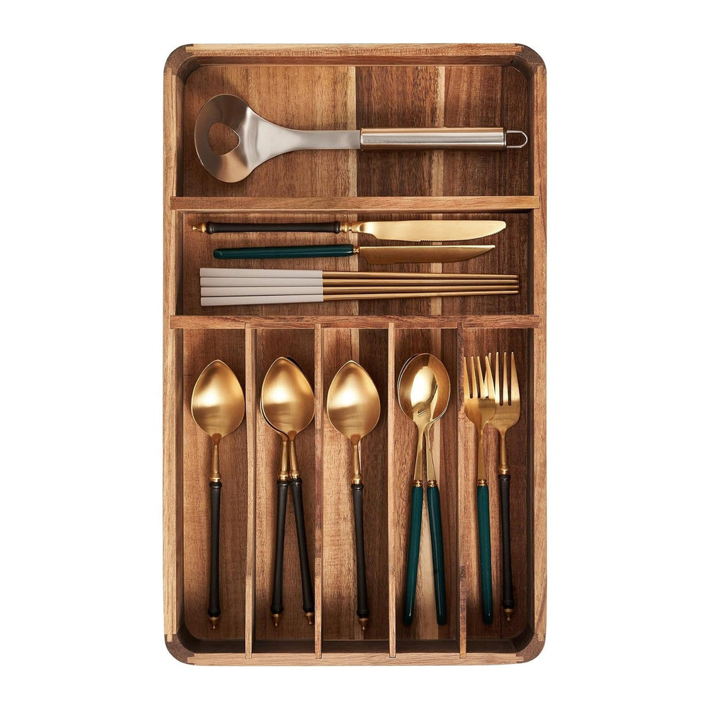 Silverware Drawer Organizer, Acacia Wood Tray for Cutlery & Flatware | Fi...
