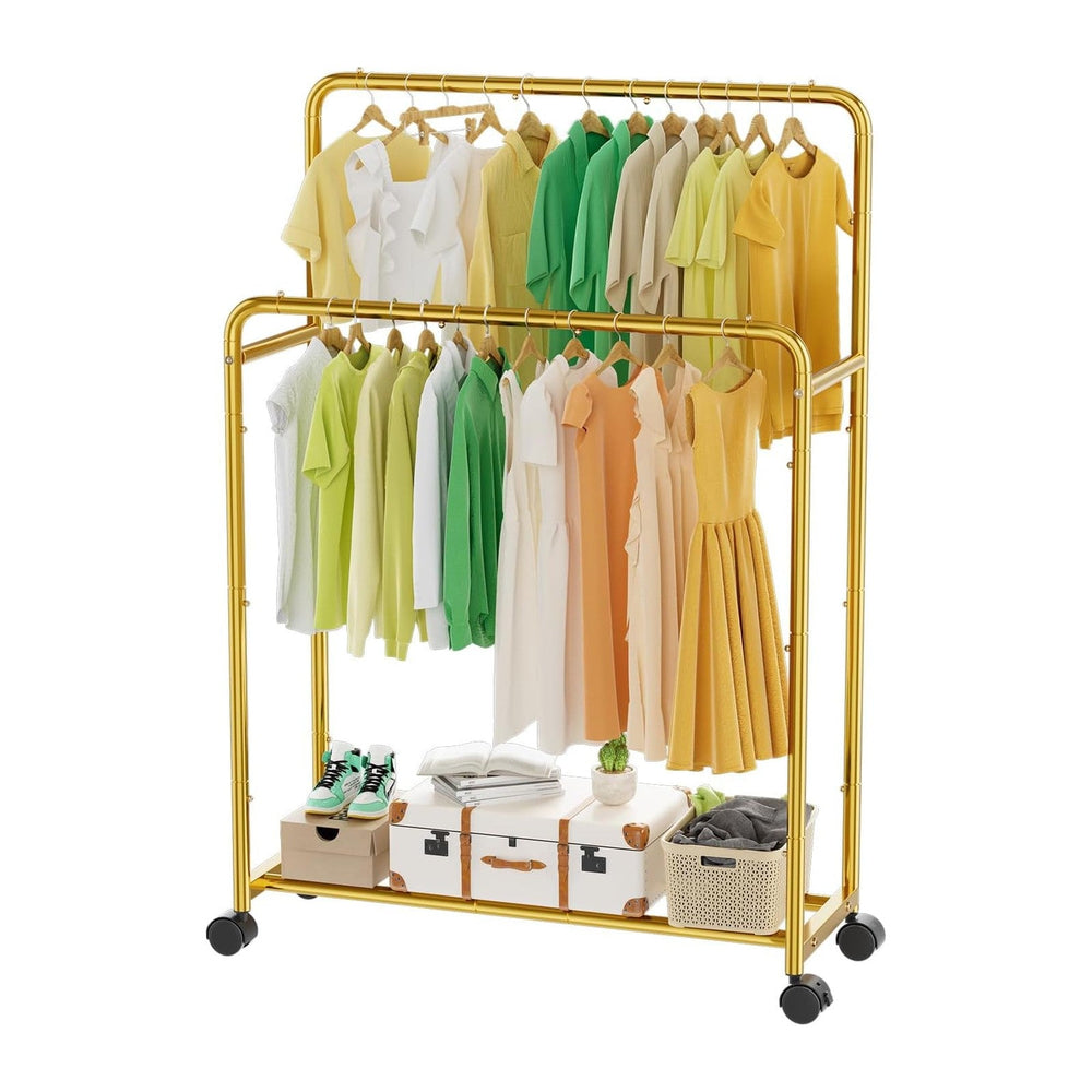 Simple Trending Clothing Clothes Rack Double Rods with Wheels, Rolling Metal ...
