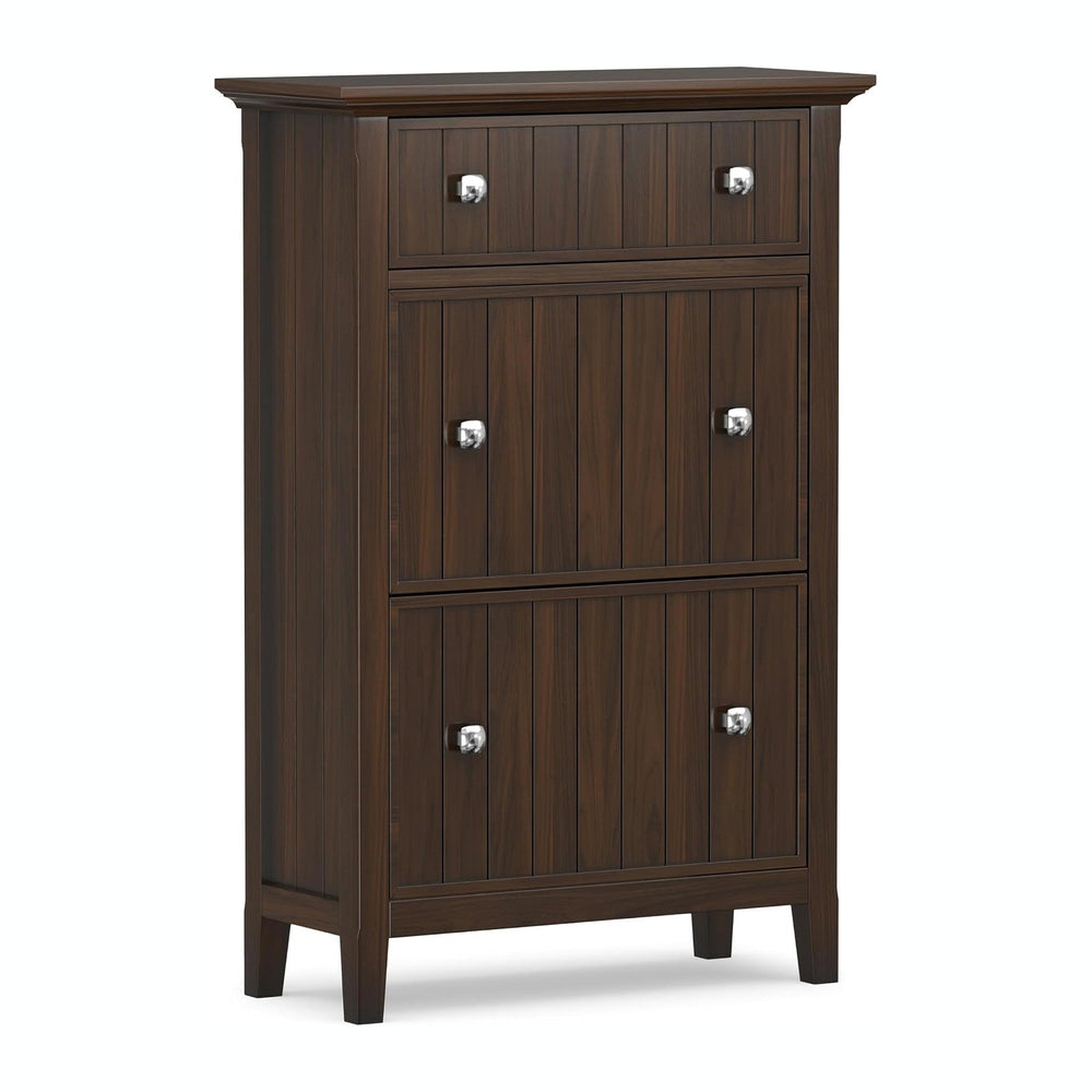 SIMPLIHOME Acadian 32" Wide Solid Wood Shoe Cabinet in Brunette Brown