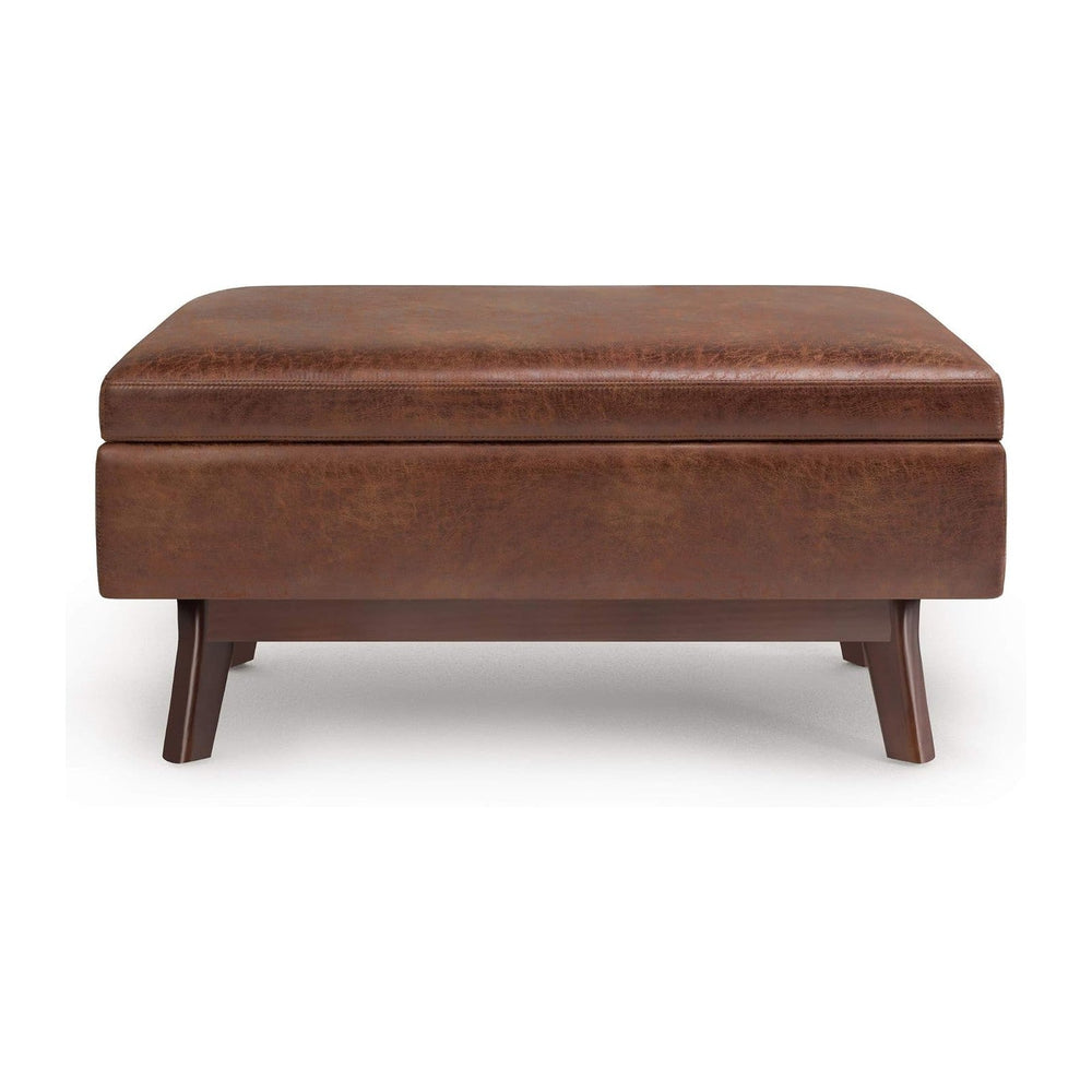 SIMPLIHOME Owen 36" Wide Vegan Leather Lift Top Ottoman in Saddle Brown