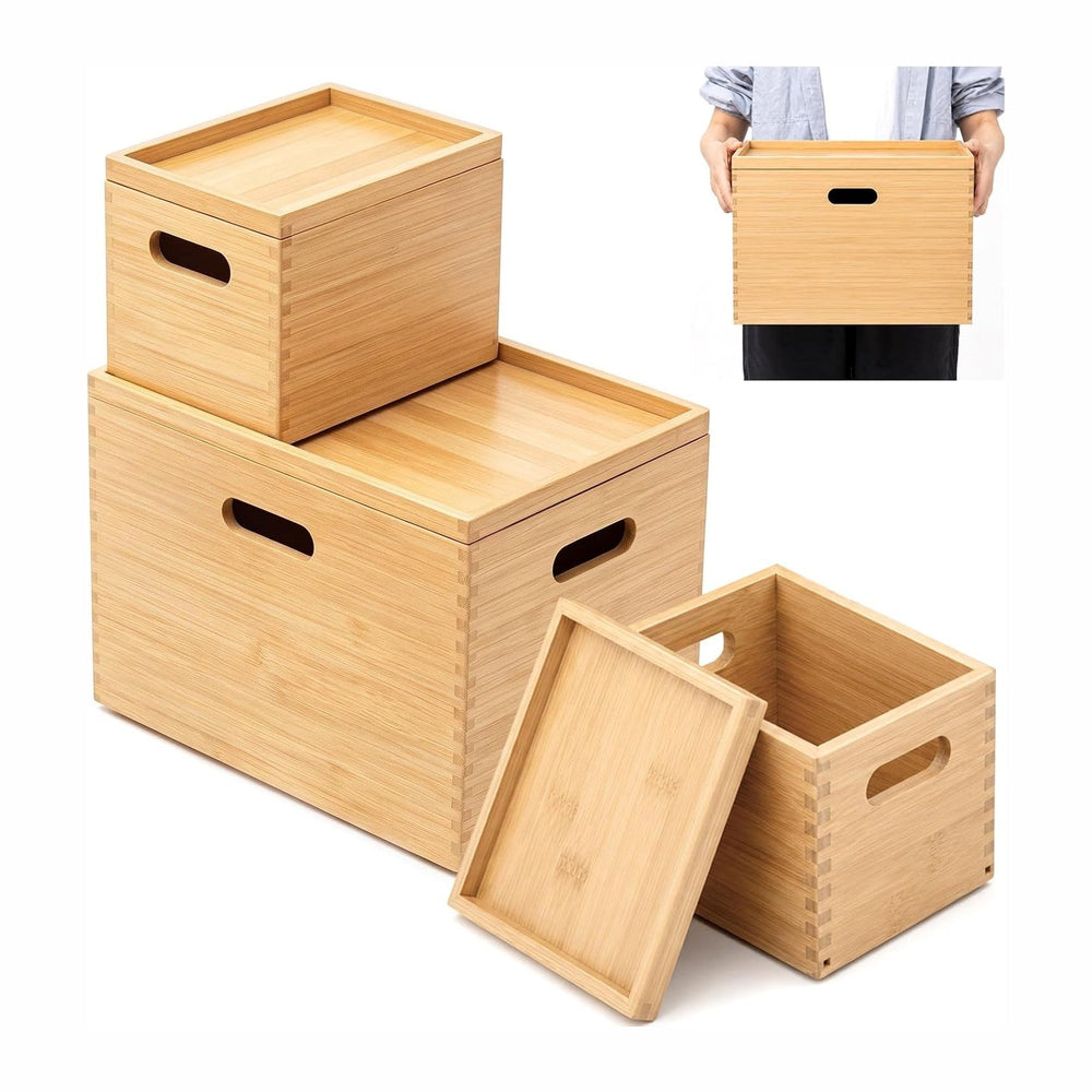 Sintuff 3 Pcs Stackable Bamboo Storage Box with Lid and Handle - Large 14.6&q...