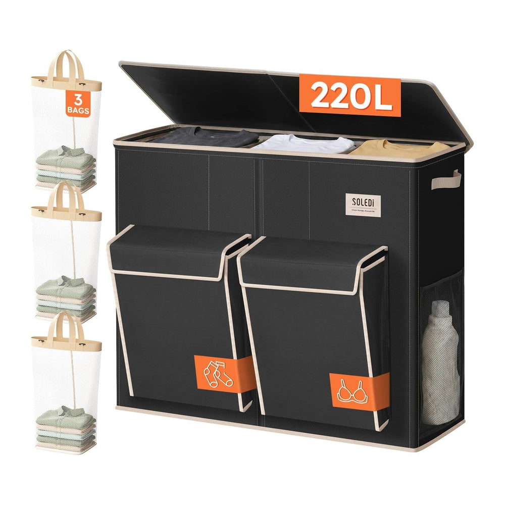 SOLEDI 220L Laundry Hamper 3 Section with Lid and 2 Side Pockets