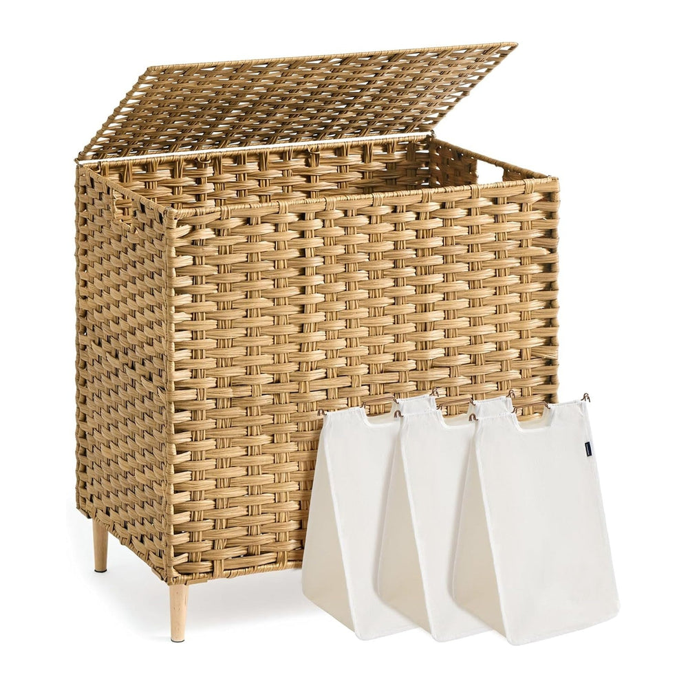 SONGMICS 3-Section Laundry Hamper with Lid, PE Rattan, 42 Gallons (160 L)