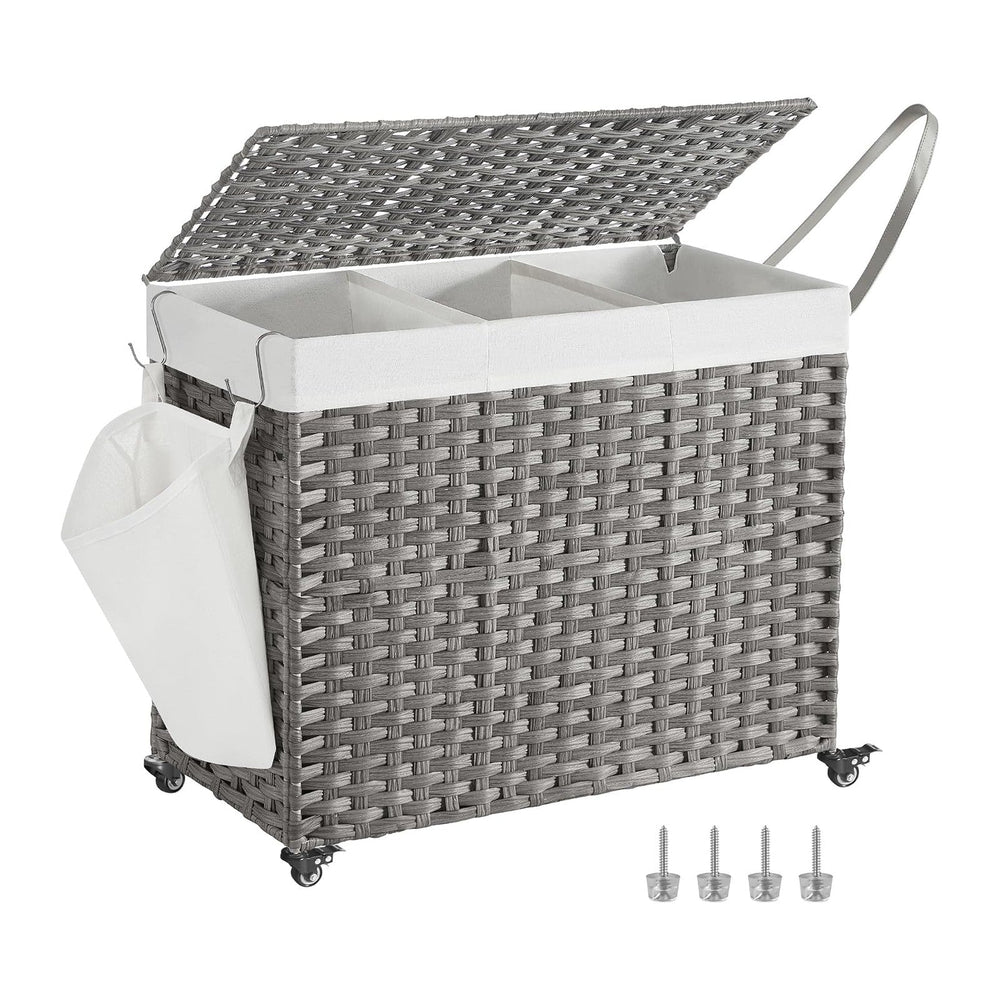 SONGMICS Rolling Laundry Hamper with Lid, 160 L 3-Section Synthetic Rattan
