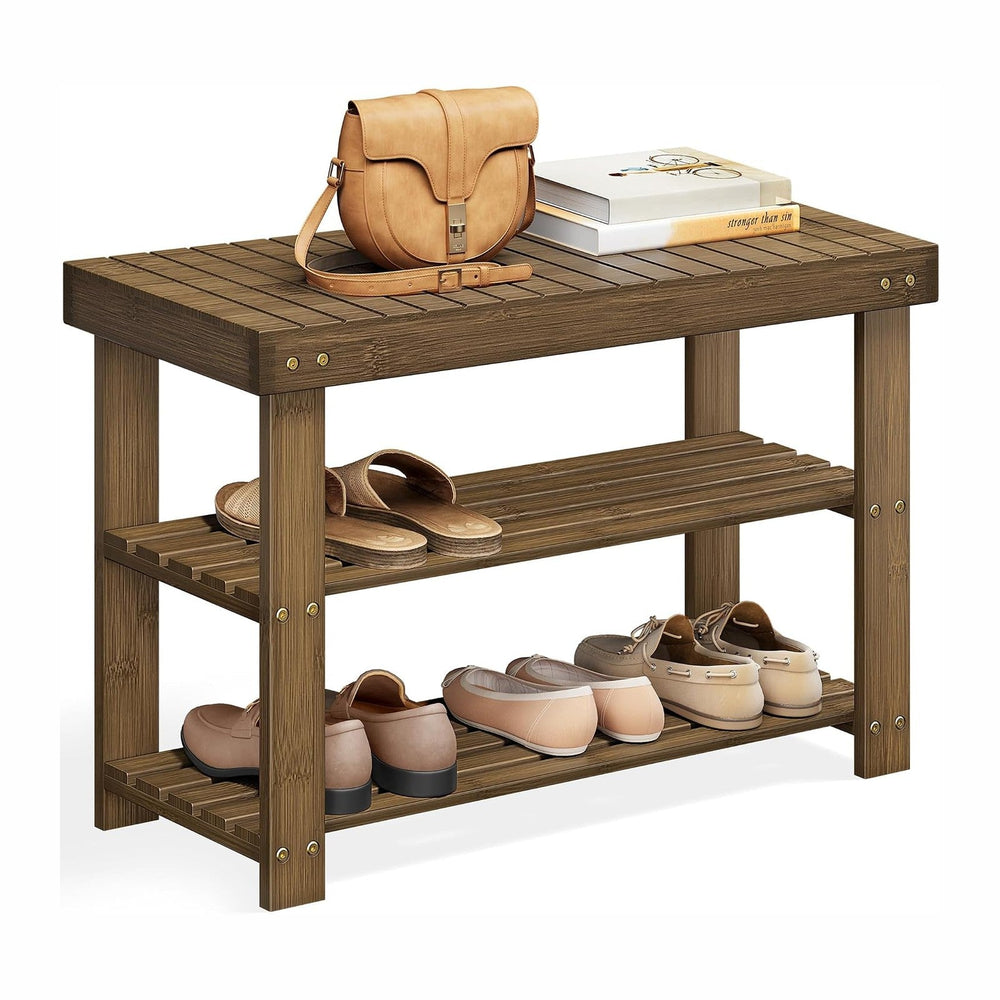 SONGMICS Shoe Rack Bench, 3-Tier Bamboo Entryway Bench, 27.6 Inches Width