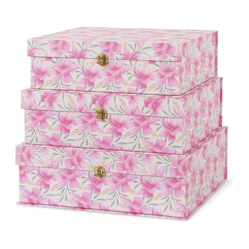 Soul & Lane - Pink Floral Boxes with Gold Hardware, Set of 3, Garden Blush