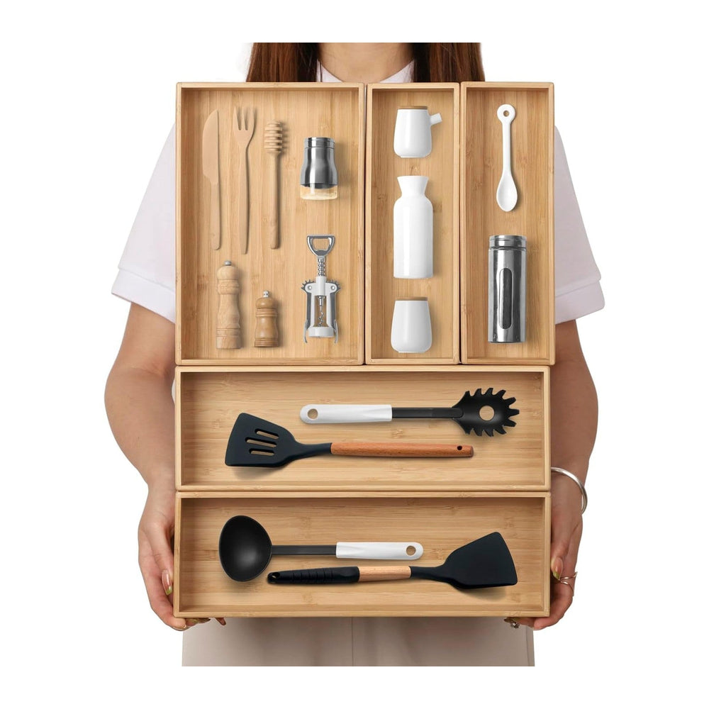 Stack Bamboo Drawer Organizer Set of 5, Kitchen Utensil, Flatware&Silverware