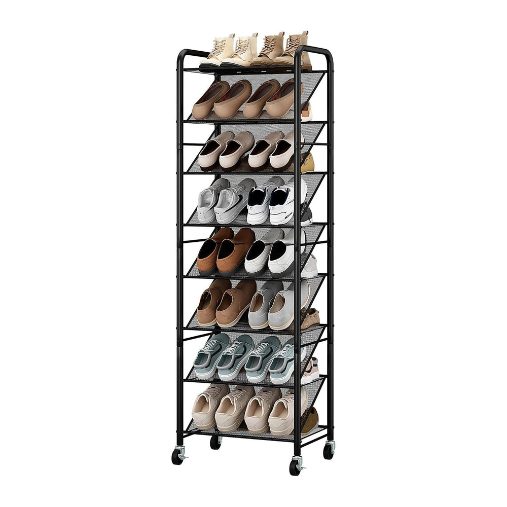STO STO 8-Tier Narrow Shoe Rack with Lockable Wheels, Double-Sided Vinyl Mesh...