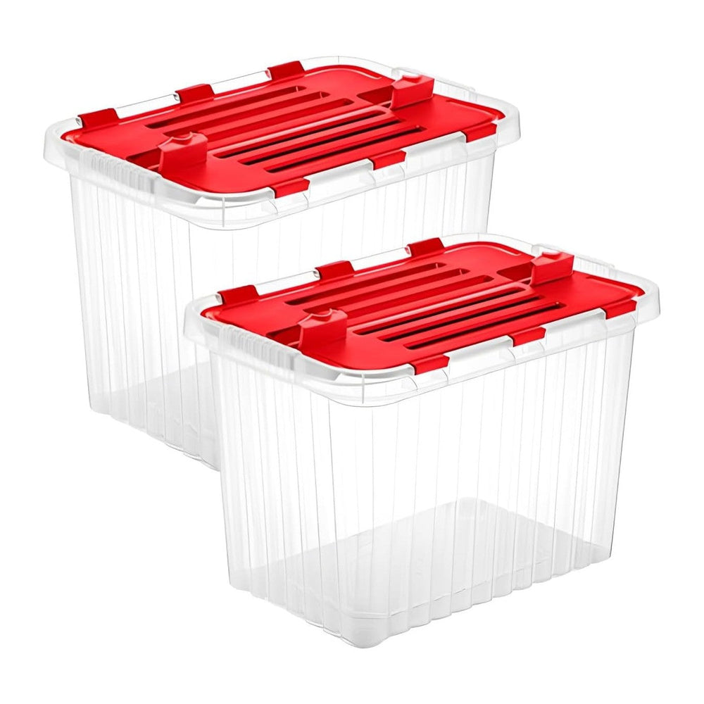 Superio Red Storage Box with Red Hinged Lids, 2 Pack Plastic Container Bins f...