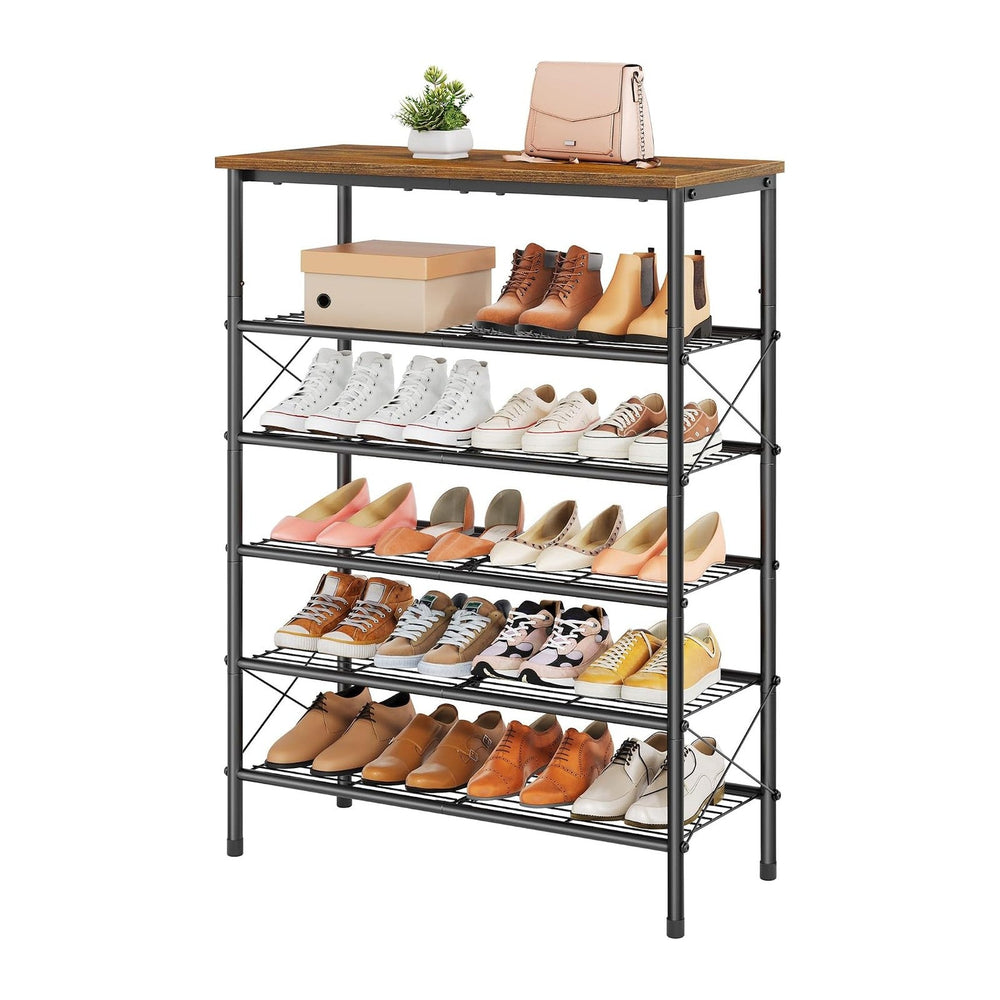 Tajsoon 6 Tier Shoe Rack for 20-24 Pairs of Shoes, Rustic Brown & Black