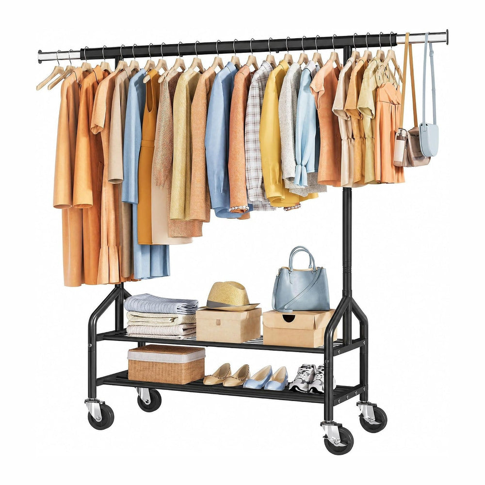 Tajsoon Clothing Rack with 2 Shelves, Metal Heavy Duty Load 350 LBS, Black