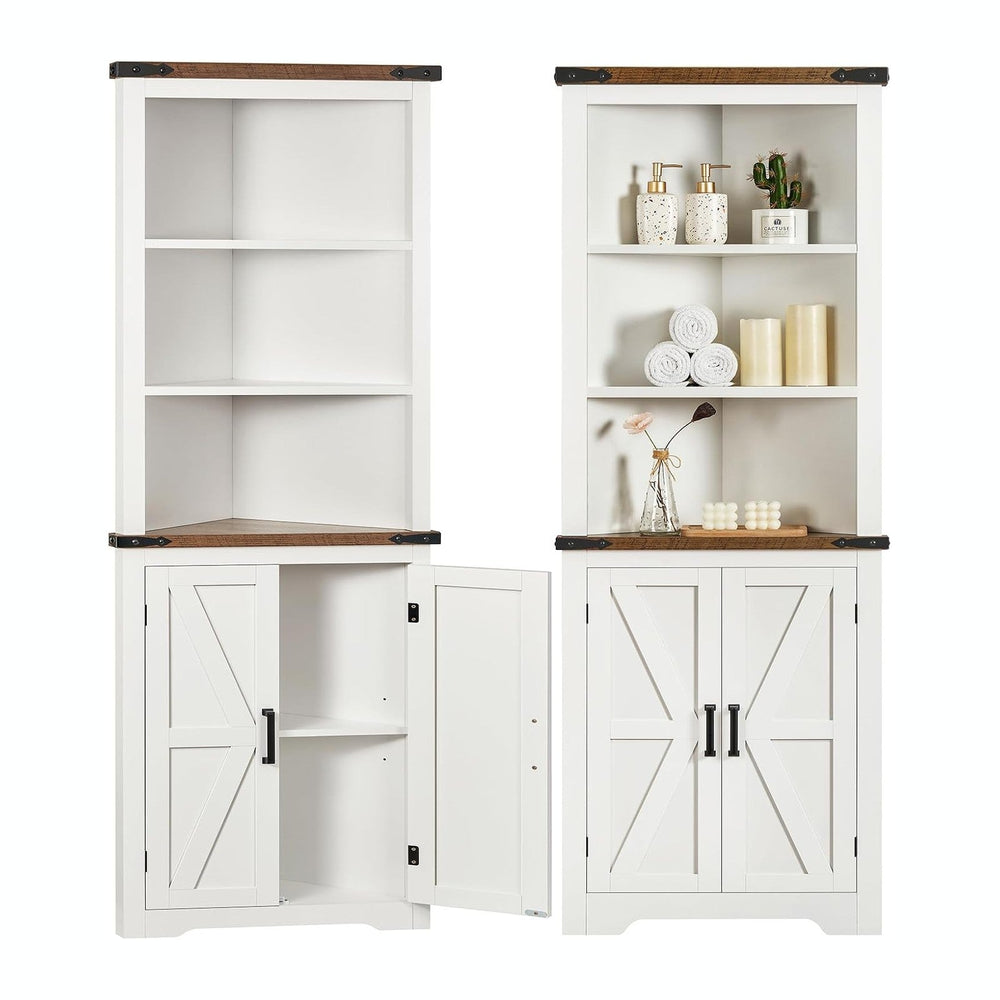 TEENFON Farmhouse Corner Cabinet, 70" H Tall Corner Hutch with 5 Shelves...